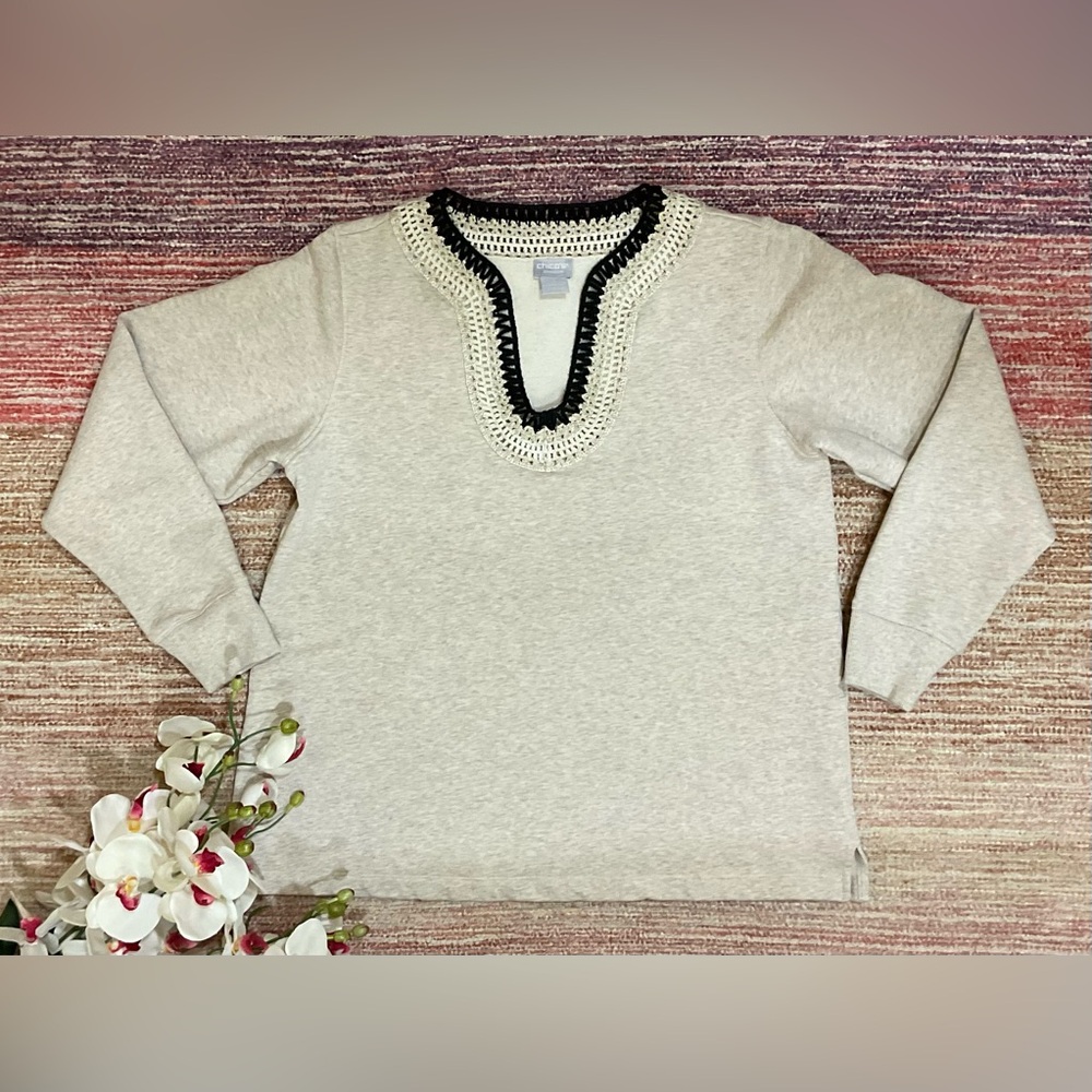 Chico's Boho Oatmea Sweater with Crochet V-Neck Chico’s Size 1